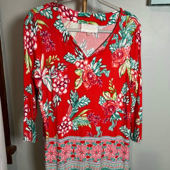 Pappagallo Orange/Red Floral V-Neck Blouse - Picture 1 of 3